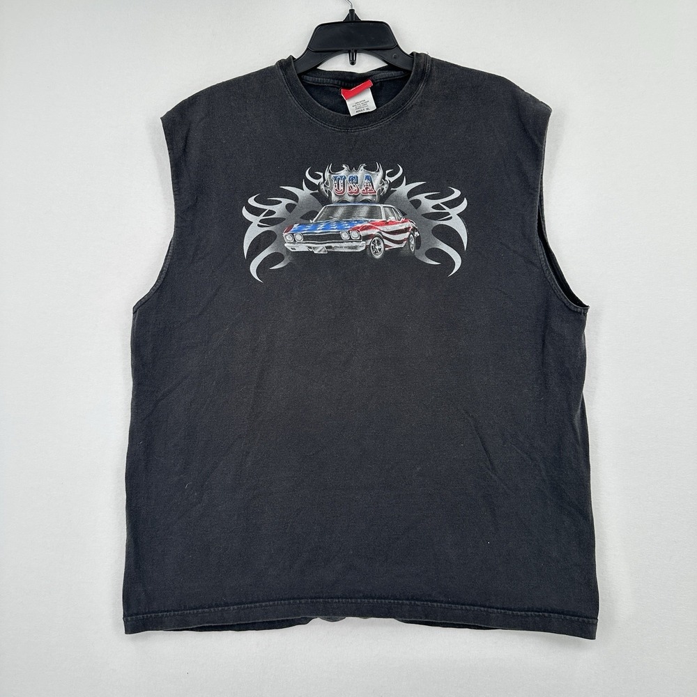 Y2K Sonoma Sleeveless Muscle Tee USA Red White Blue Car Flames Mens XL Black
